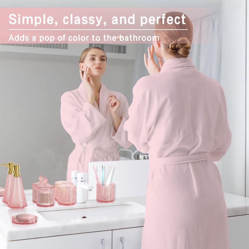 QIQU Pink Bathroom Accessories Set  5 Pcs Premium Glass Bathroom Accessory Set with Vanity Organizer  Lotion Dispenser  Soap Dish  Bathroom Tumbler  Cotton Swab Jars - Image 5